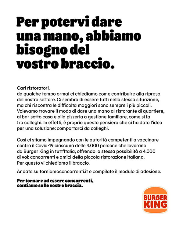 Burger King Italia vaccina i dipendenti e 4.000 piccoli ristoratori Burger King Italia vaccina i dipendenti e 4.000 piccoli ristoratori
